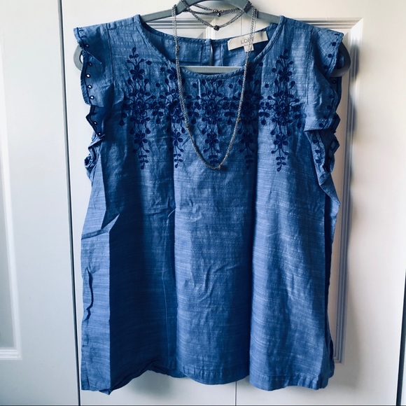 LOFT | Chambray | Ruffle-Sleeved | Tank Top - Picture 3 of 4